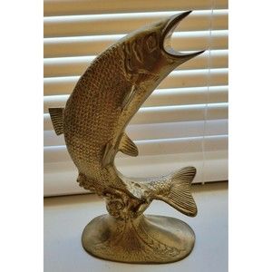 Antique Vintage Brass Salmon Fish Statue - Great Detail!!!